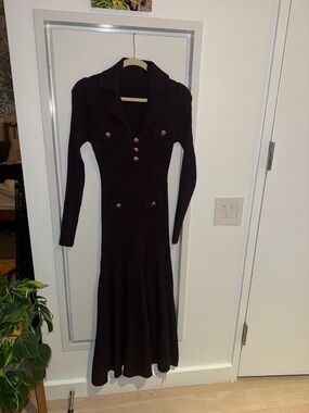 Commense Dark Brown Long Ribbed Button-Front Knit Dress